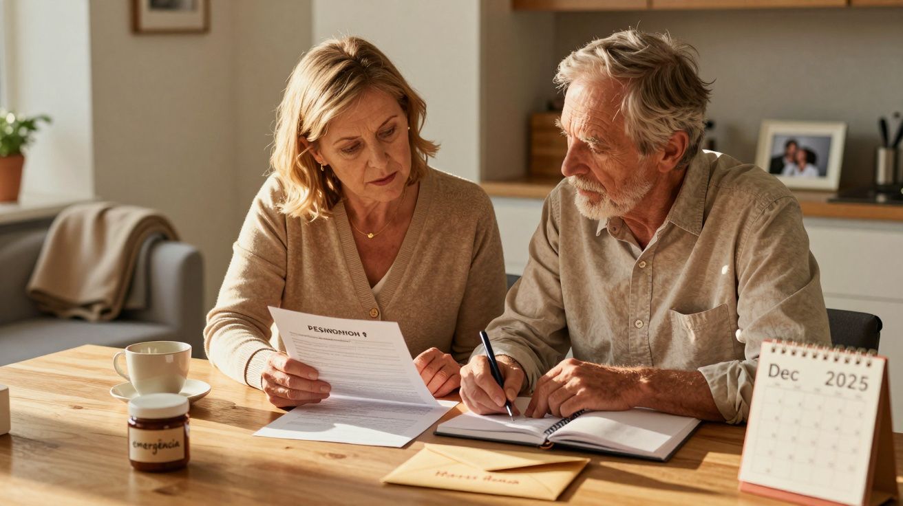 Casal idoso revisando documentos sentados à mesa, com um calendário de 2025 ao lado.