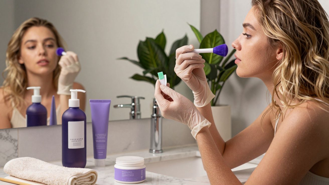 Mulher aplica produto facial com pincel em frente ao espelho de casa de banho, com produtos de beleza na bancada.