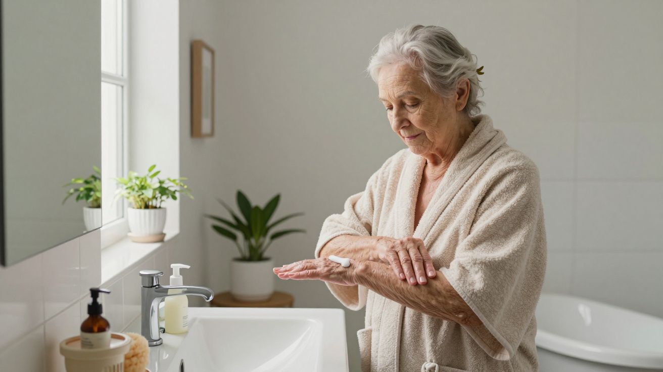 Idosa aplicar creme nas mãos na casa de banho, usando um roupão, ao lado de uma janela com plantas.