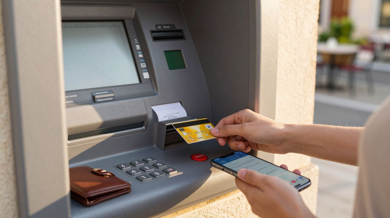 Pessoa a utilizar multibanco, inserindo cartão e segurando telemóvel. Carteira castanha ao lado do teclado.