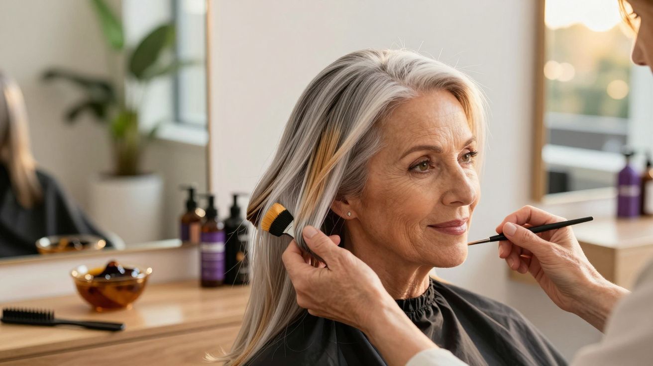 Mulher madura a receber tratamento capilar num salão de beleza, com uma cabeleireira a pintar o cabelo.
