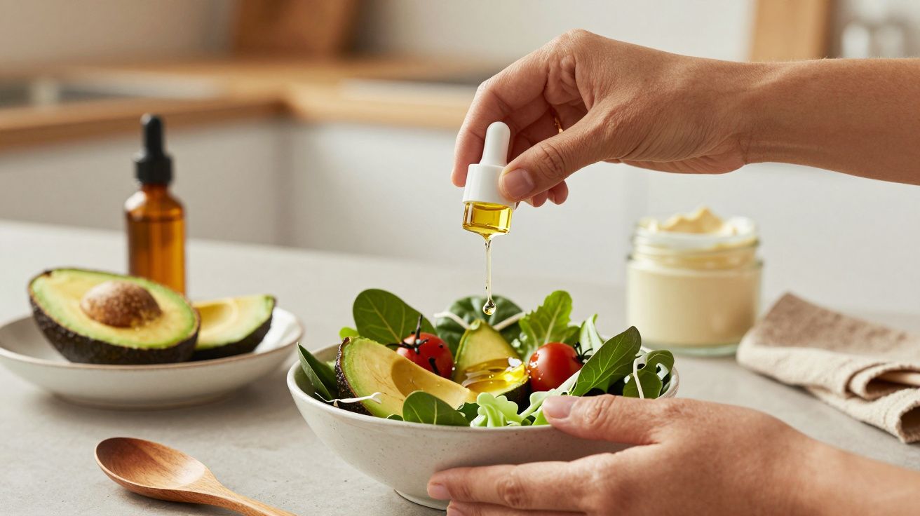Mãos a verter óleo sobre uma salada de abacate e tomate; frasco âmbar e abacate ao fundo.