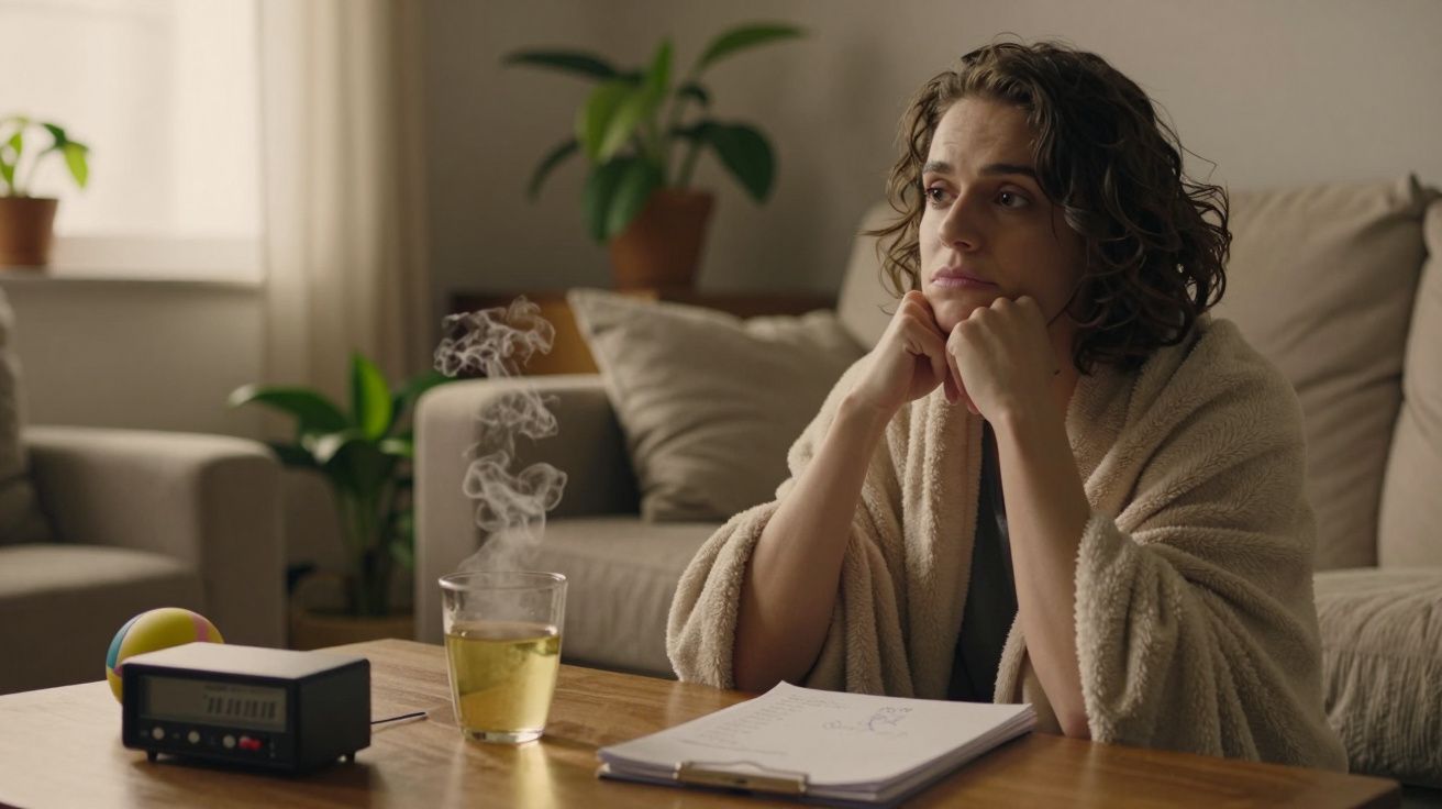 Mulher pensativa em casa, envolve-se num cobertor, ao lado de chá fumegante e bloco de notas sobre a mesa.