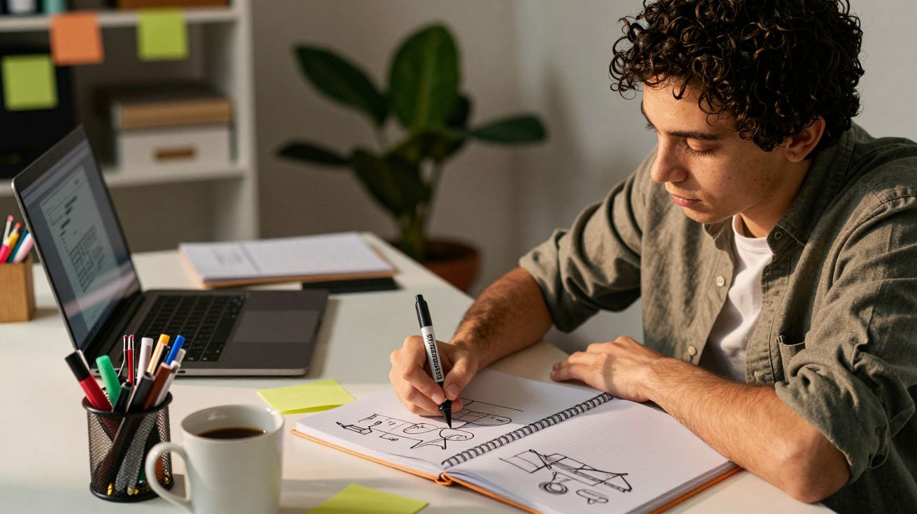Jovem desenhando diagramas num caderno ao lado de um portátil aberto, uma chávena de café e canetas coloridas.