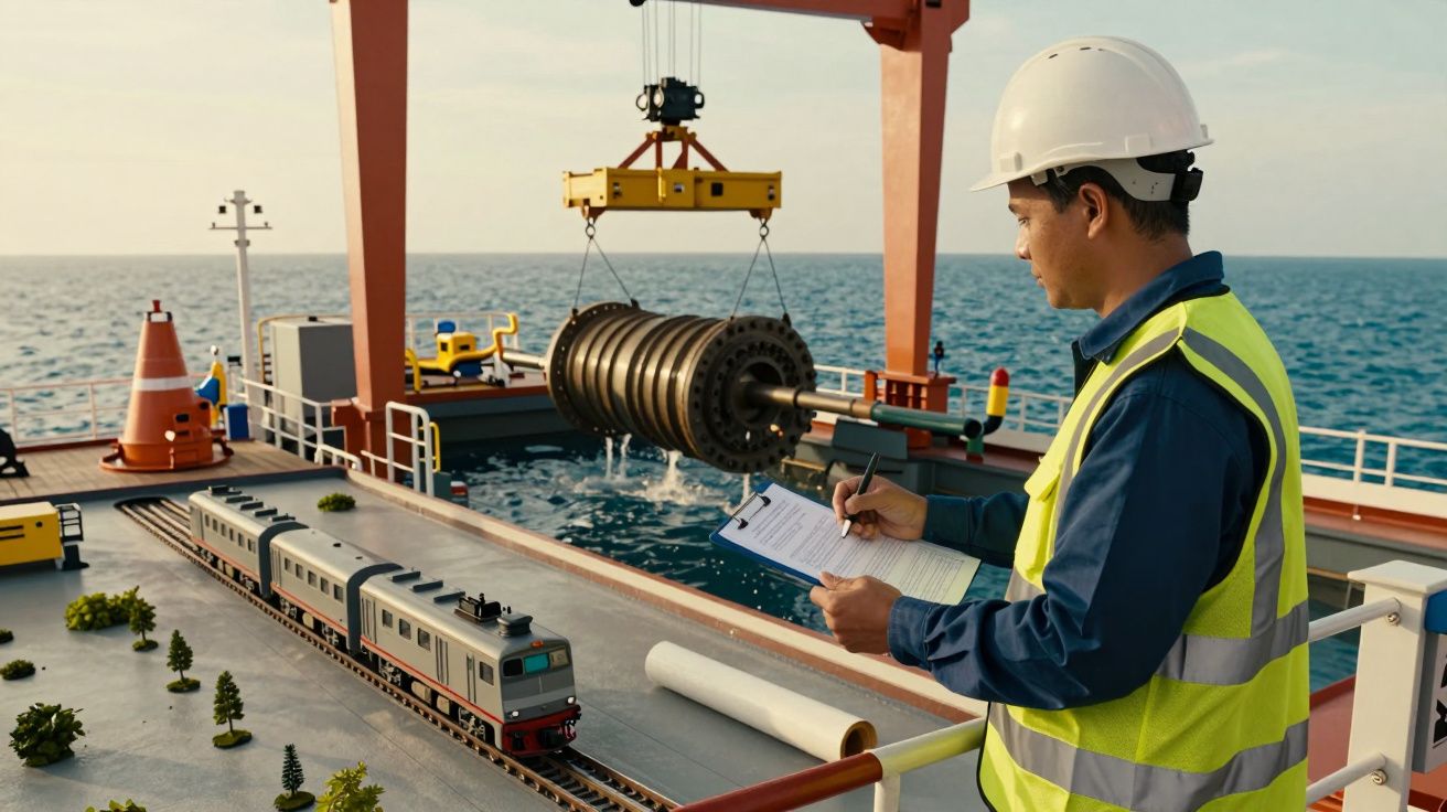 Trabalhador numa plataforma marítima observa um guindaste a içar um grande cilindro. Pequeno comboio em primeiro plano.