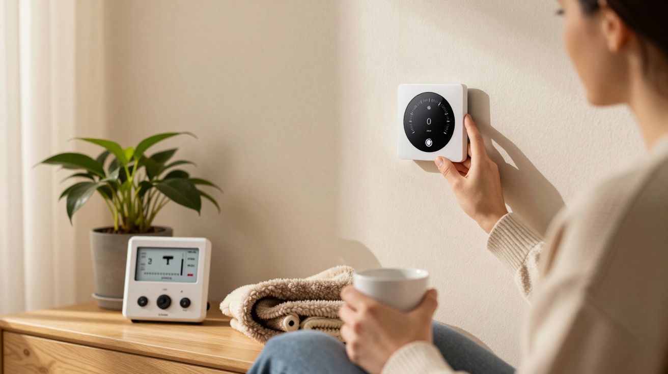 Mulher ajusta termostato digital na parede; consola ao lado com chávena e planta.