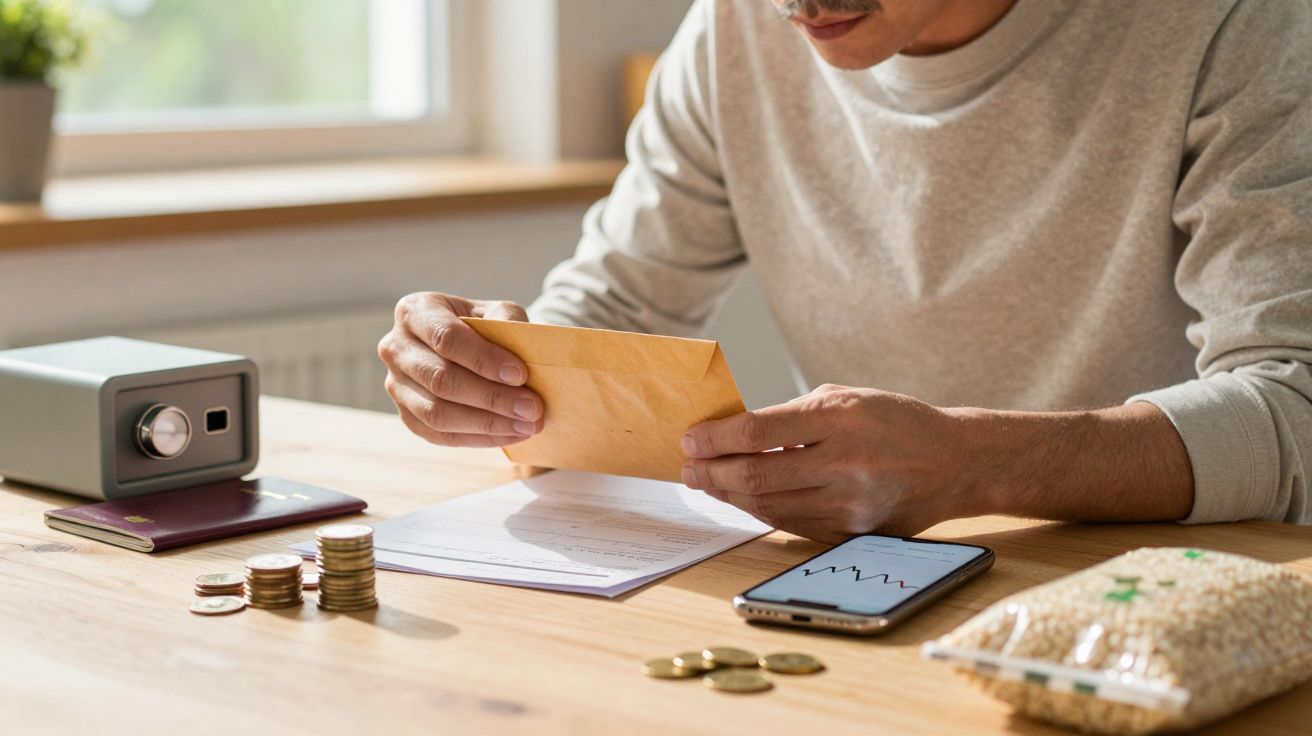 Homem revê documentos ao lado de moedas, telemóvel com gráfico, passaporte, cofre e saco de grãos na mesa.