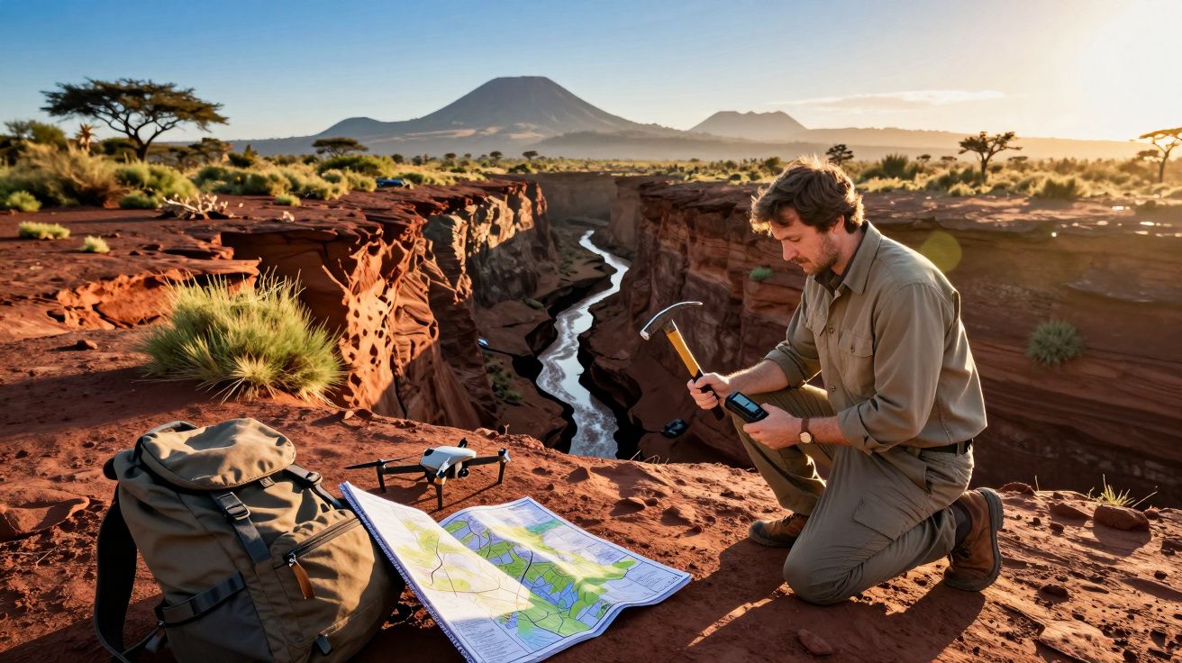 Homem com picareta examina mapa e GPS junto a ravina desértica, com mochila e drone ao lado, montanha ao fundo.