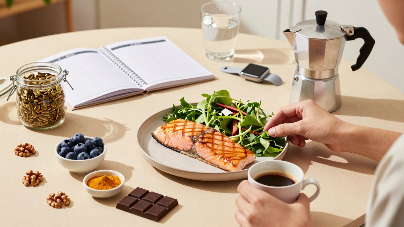 Prato com salmão grelhado e salada, café na mão, bloco de notas, sementes, nozes e chocolate sobre mesa redonda.