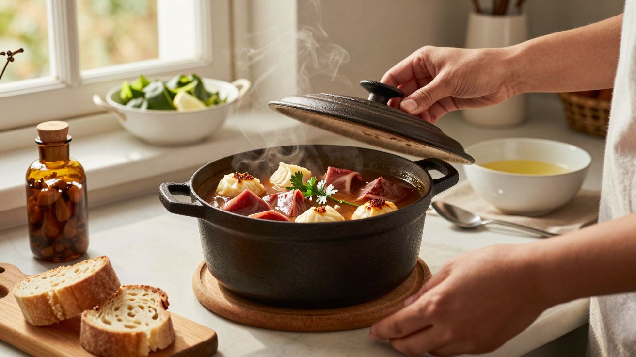 Pessoa a destapar uma panela de ferro fundido com sopa a ferver, numa cozinha acolhedora com pães fatiados ao lado.