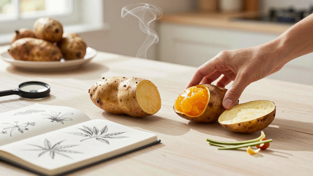 Pessoa segurando uma batata cortada, substituindo o interior por uma gema de ovo, ao lado de um caderno de desenhos botânicos