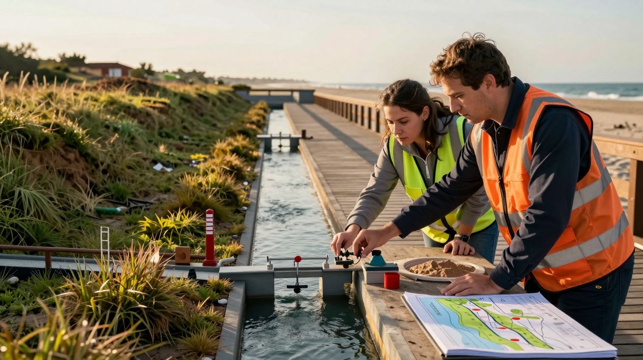 Dois engenheiros analisam um modelo de canal de irrigação ao ar livre, com mapas e coletes refletivos.