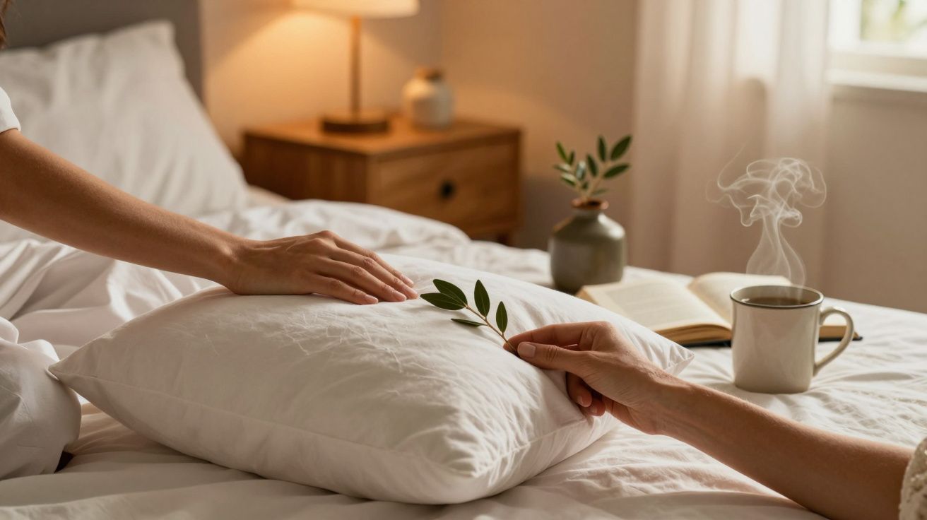 Mãos tocam almofada branca em cama, ramo de oliveira, chá fumegante, livro aberto e candeeiro ao fundo.