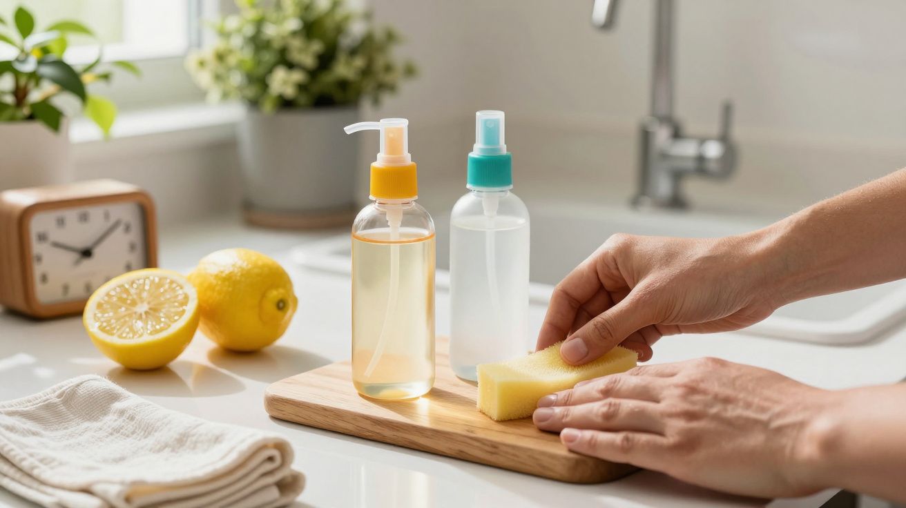 Mãos a limpar tábuas com esponja, dois limões, frascos de spray num balcão de cozinha iluminado.