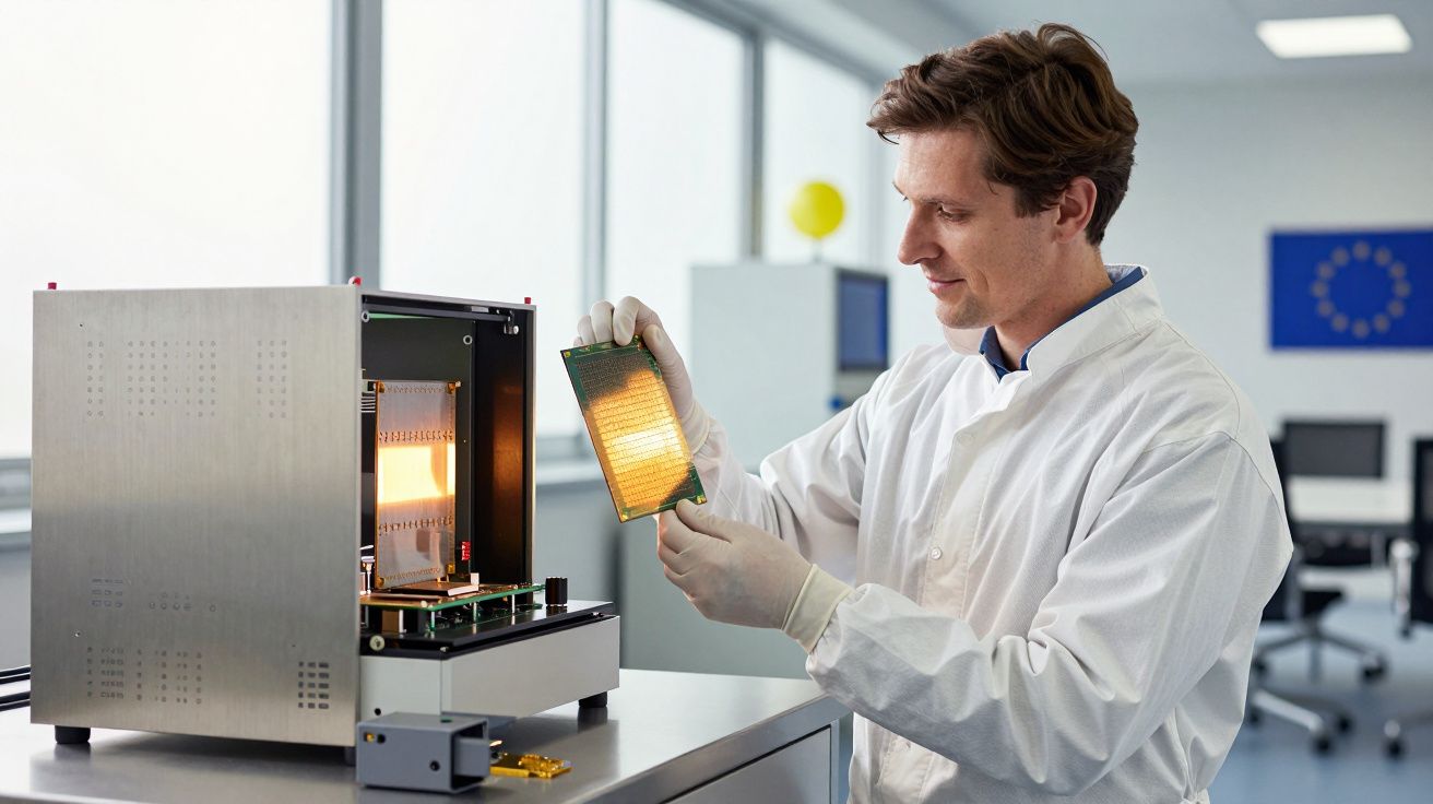 Cientista com bata branca analisa painel eletrónico iluminado numa sala de laboratório moderna.