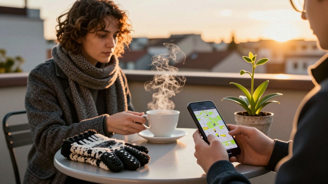 Mulher com cachecol bebe café ao ar livre, enquanto outra pessoa usa smartphone numa mesa com planta e luvas.
