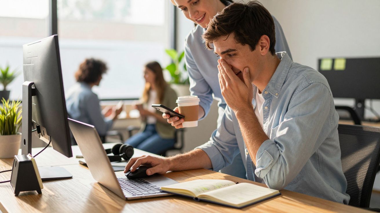 Homem a rir diante de um computador, enquanto outra pessoa lhe mostra algo num telemóvel. Duas pessoas ao fundo.