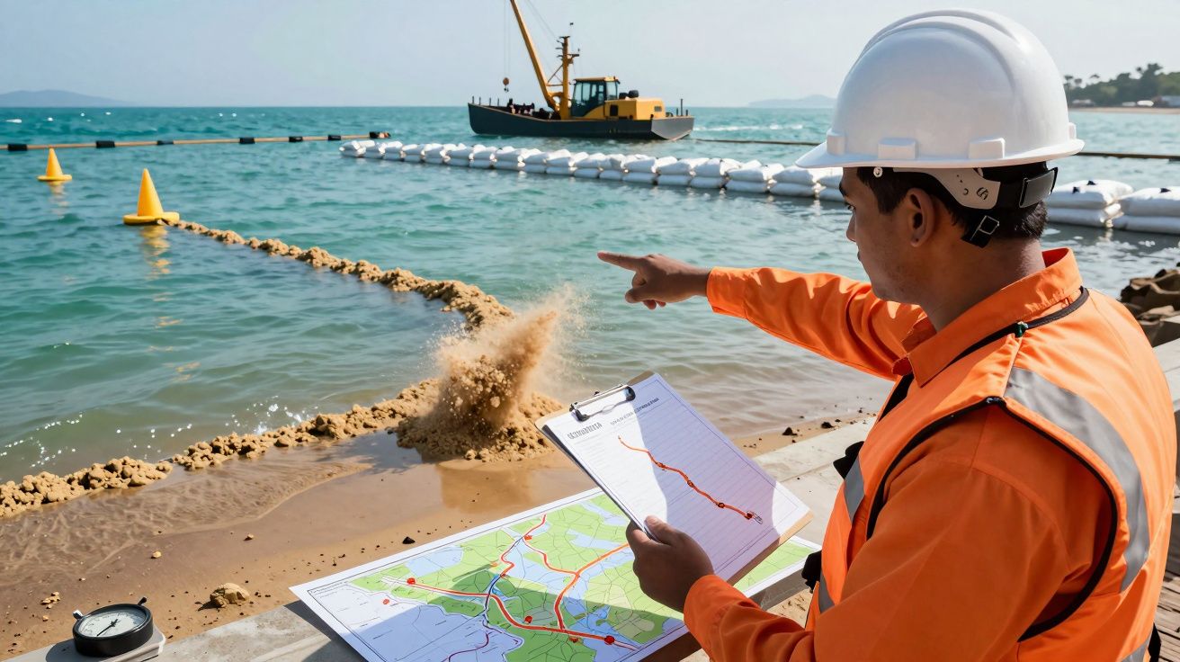 Engenheiro apontando para obras marítimas, segurando documentos e mapas, com barco de dragagem ao fundo.