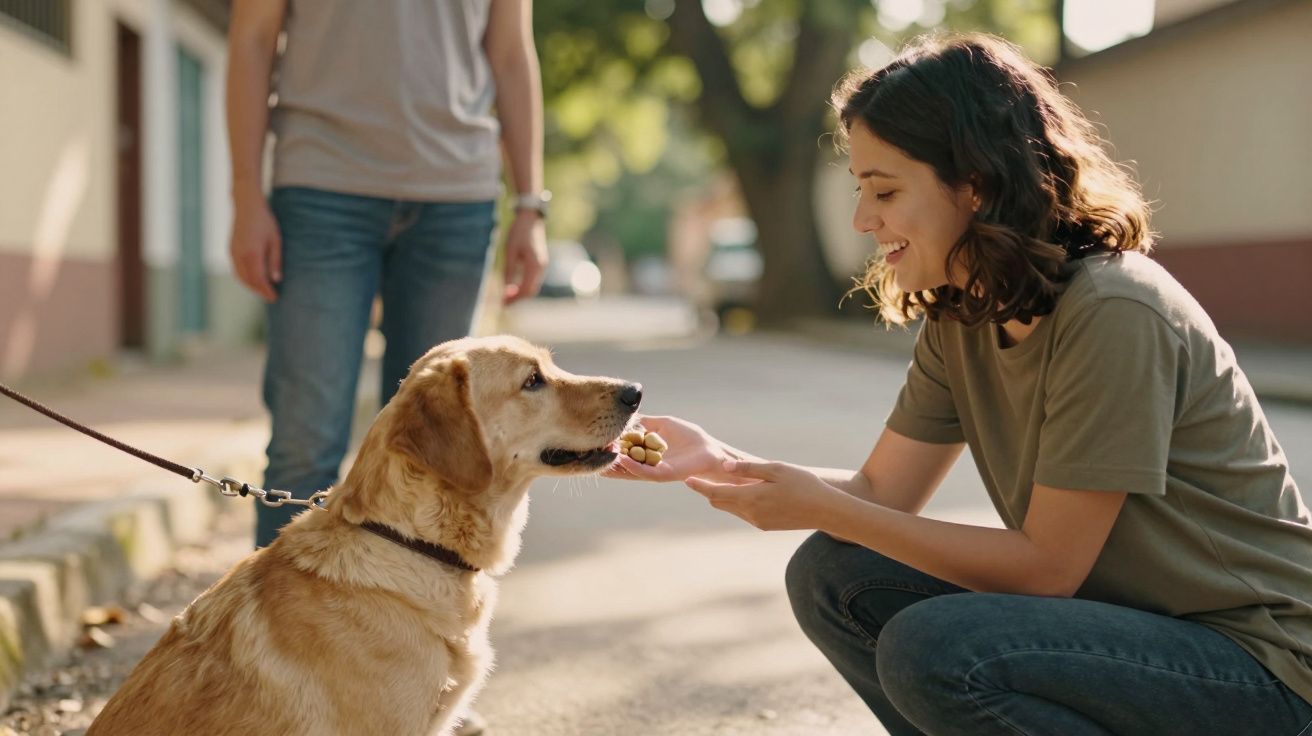 Mulher a dar snack a cão Labrador sentado na rua, outra pessoa ao fundo.