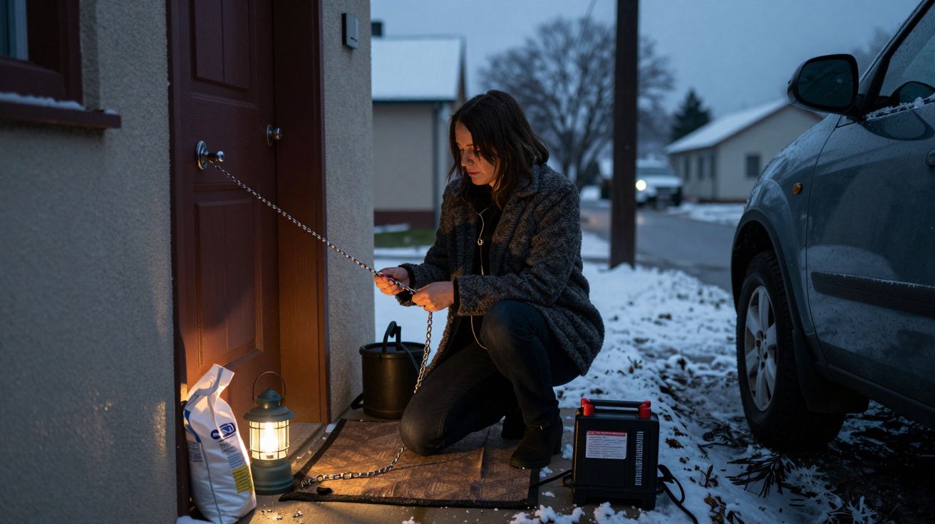 Mulher ajoelhada acende lanterna em varanda coberta de neve ao lado de carro, durante o amanhecer.