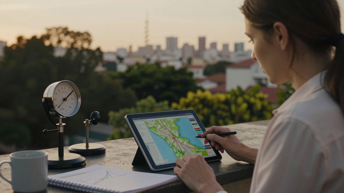 Mulher usando tablet para consultar mapa ao ar livre, com caderno e relógio ao lado. Cidade ao fundo.