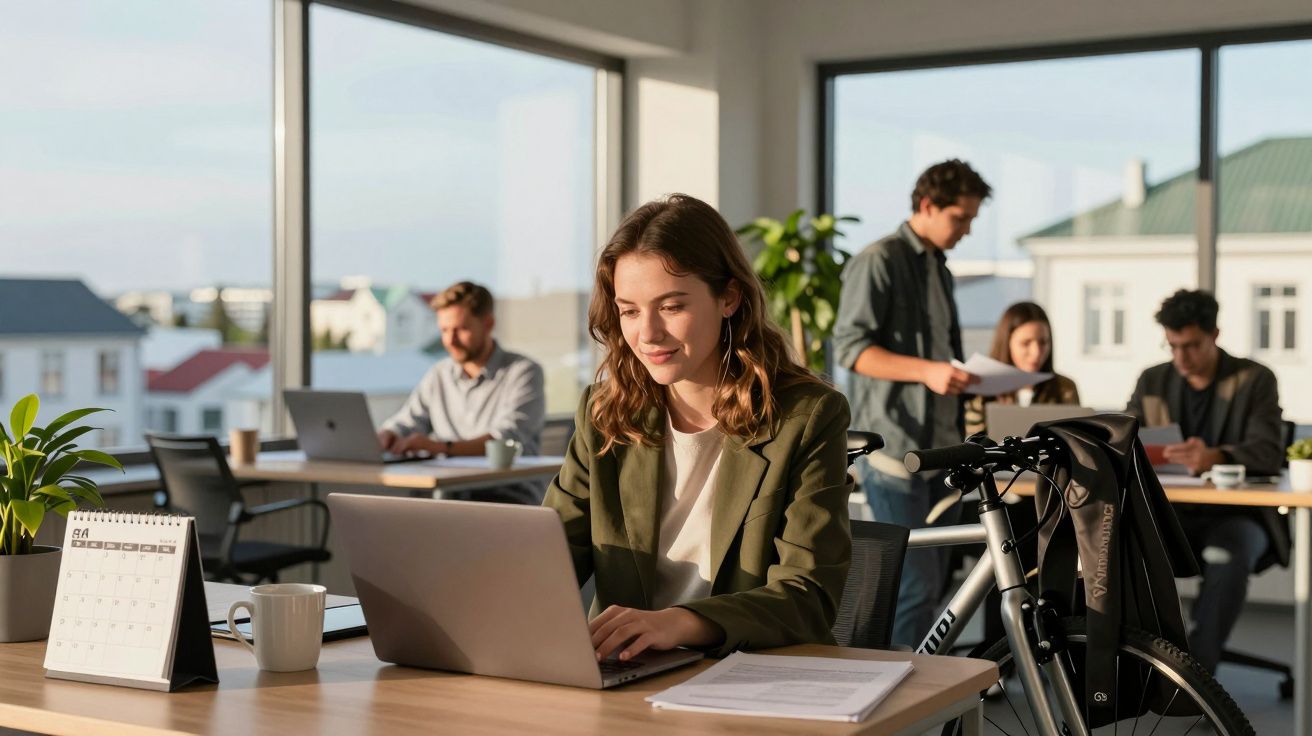 Mulher a trabalhar num portátil num escritório luminoso com outras pessoas ao fundo. Há um calendário e uma bicicleta na mesa