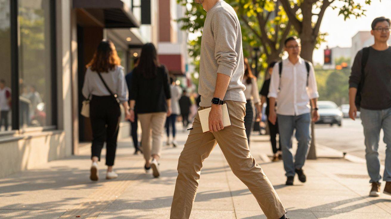 Homem caminha em rua movimentada, segurando um livro. Pessoas ao fundo caminham em direções opostas.
