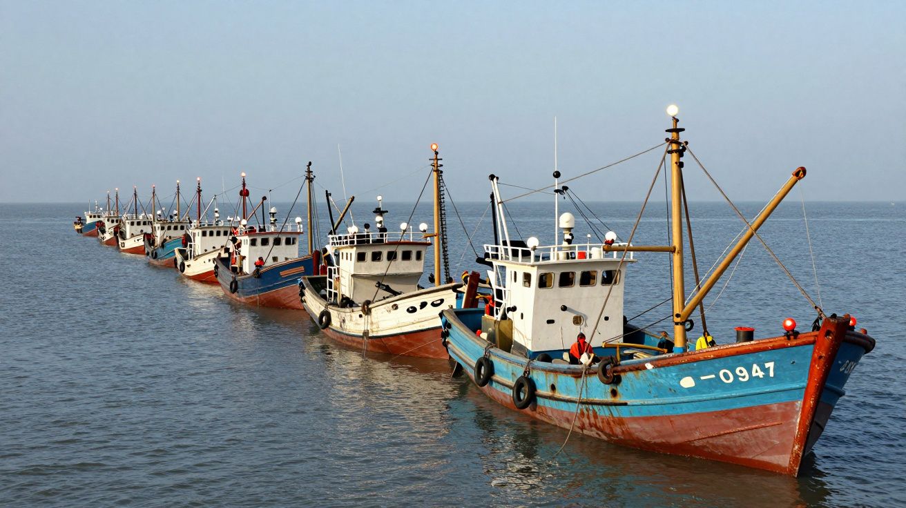 Vários barcos de pesca alinhados no mar calmo sob um céu azul claro.
