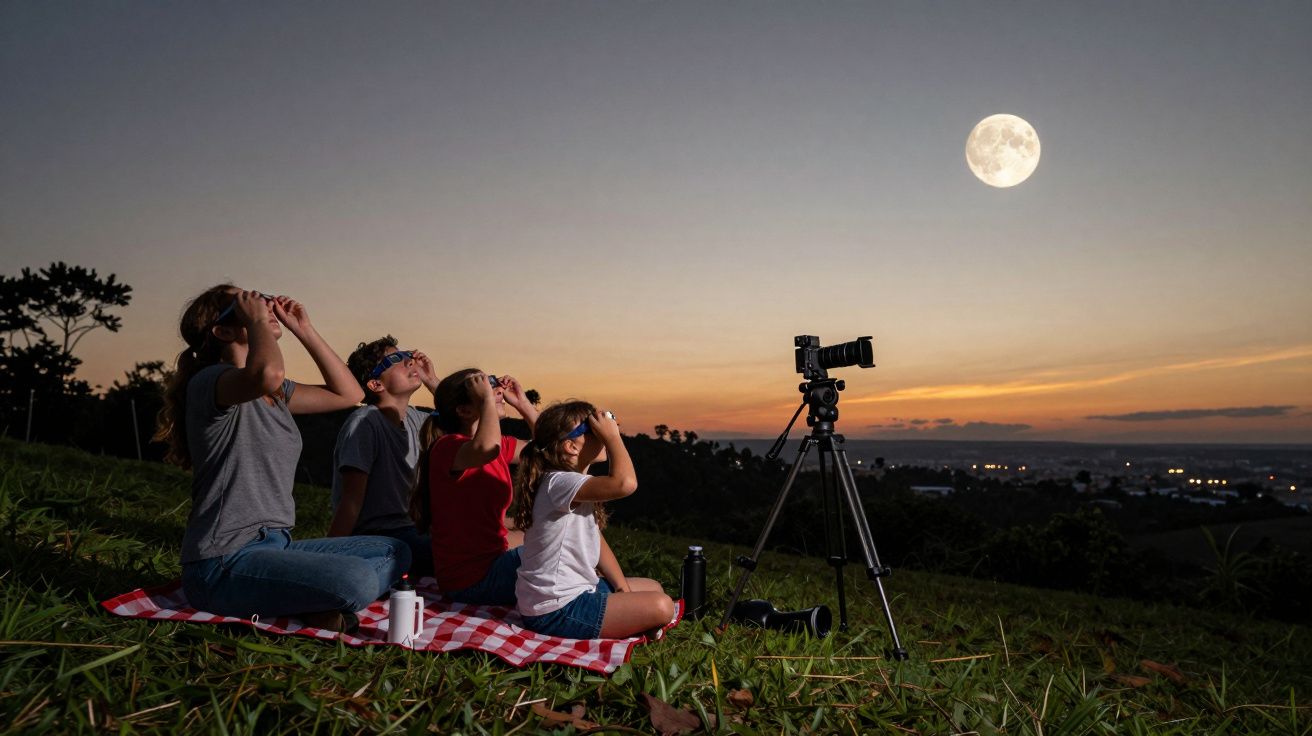 Grupo observa a Lua com binóculos e câmara ao pôr do sol em campo com manta xadrez.