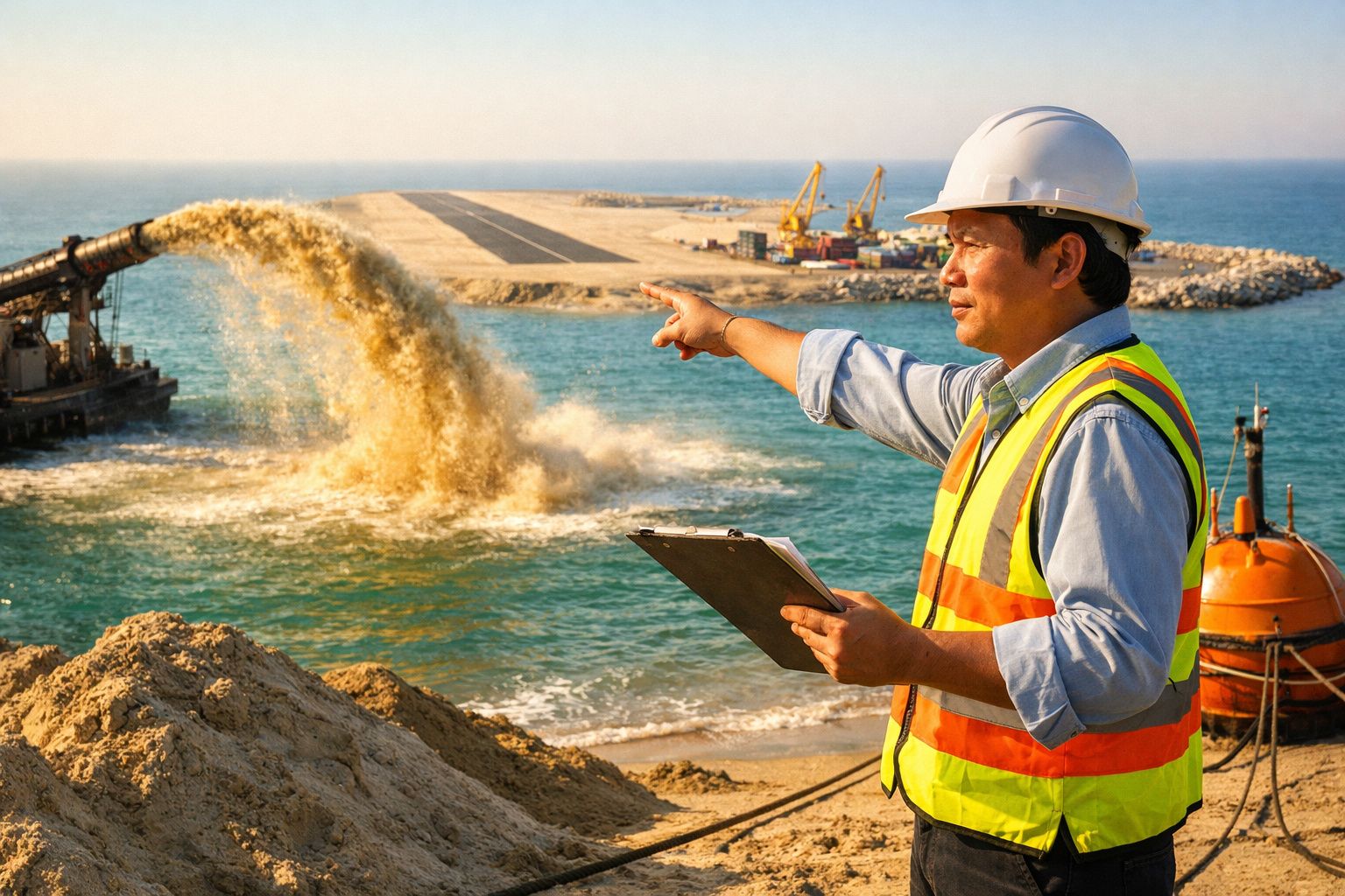 Ilha artificial circular com torre de petróleo ao centro, rodeada por água azul e acessada por passadiço.