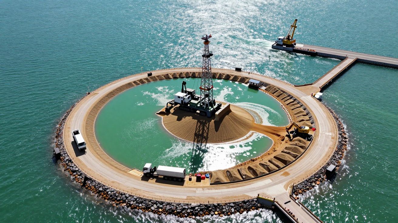 Plataforma circular de perfuração no mar, cercada por veículos e água, com um guindaste ao fundo.