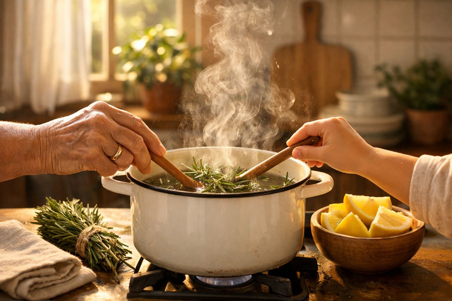 Idosa cozinha numa panela fumegante com ervas aromáticas ao lado de uma janela.