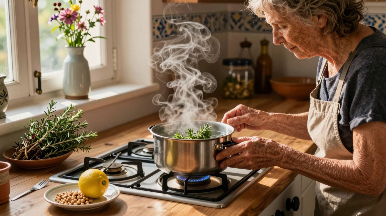 Idosa cozinha junto ao fogão com panela fumegante, ervas e limão ao lado, numa cozinha iluminada pelo sol.