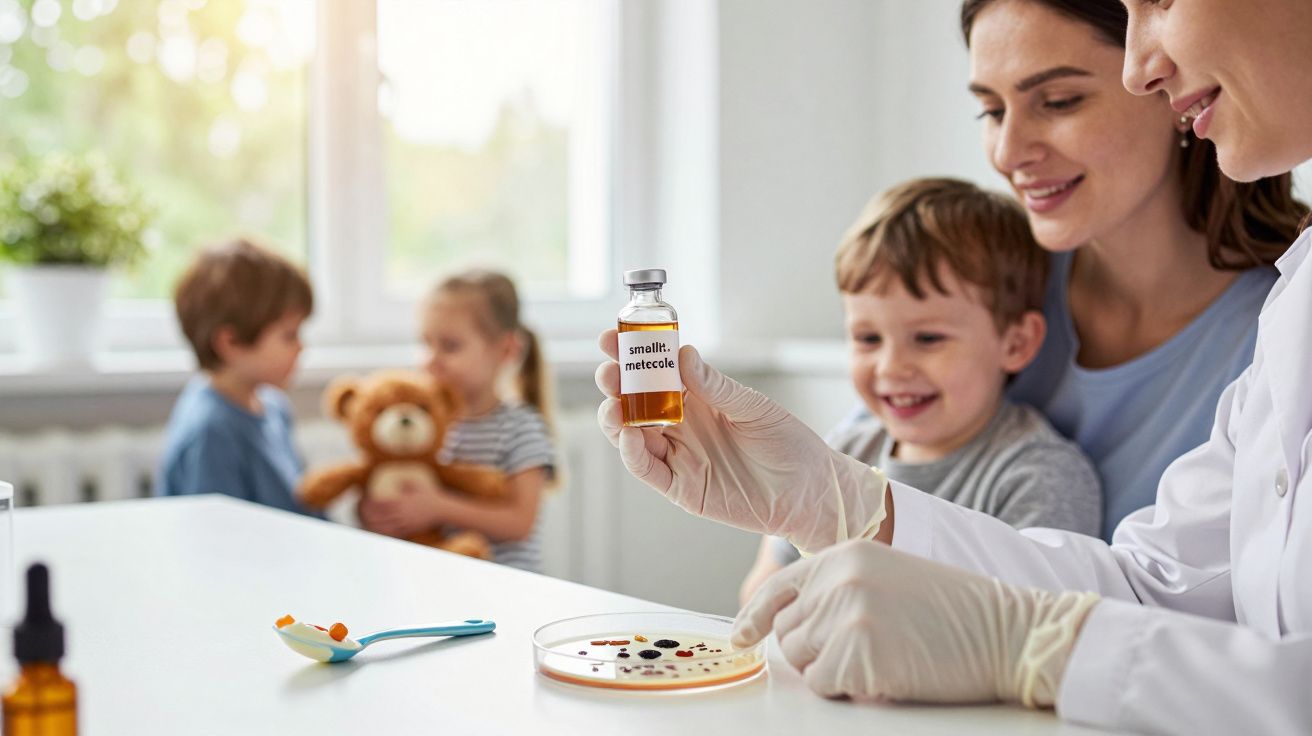 Cientista mostra frasco a criança e mãe em laboratório, outra criança ao fundo com peluche.