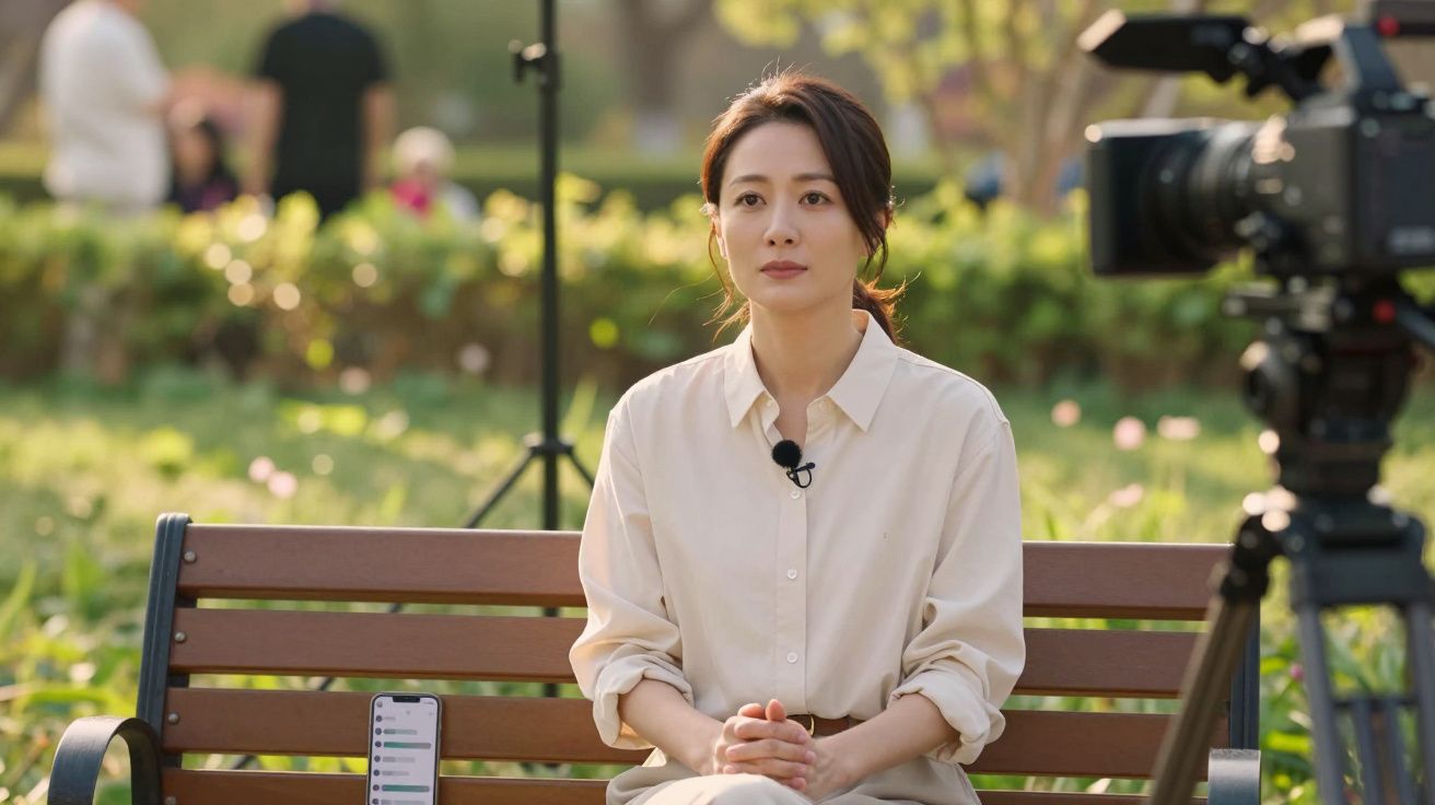 Mulher sentada num banco de jardim, pronta para entrevista em frente a uma câmara.