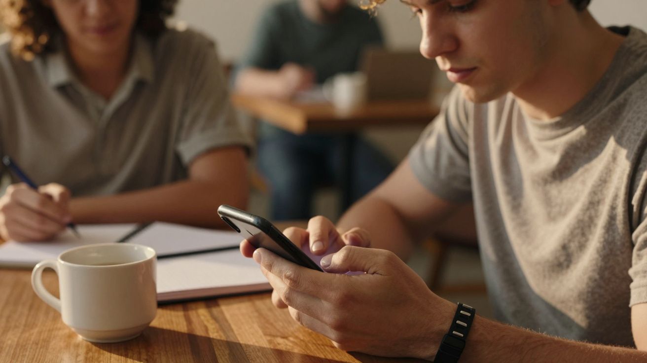 Jovem sentado à mesa a usar o telemóvel, com chávena e caderno ao lado. Outra pessoa escreve em segundo plano.