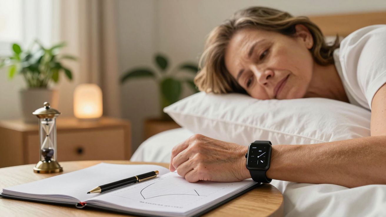 Mulher deitada na cama, olhando para caderno e ampulheta, com relógio no pulso, em ambiente tranquilo.