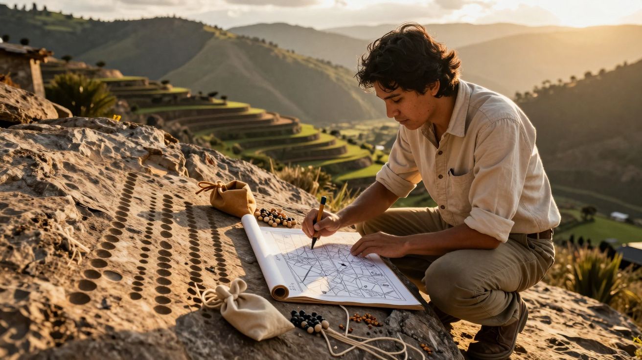 Homem desenha em papel sobre uma rocha, rodeado por contas, com terraços verdes ao fundo ao pôr do sol.