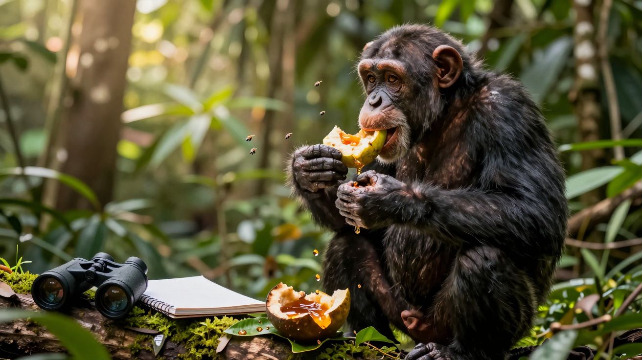 Chimpanzé comendo fruta numa floresta, com binóculos e bloco de notas ao lado. Abelha voando em volta.