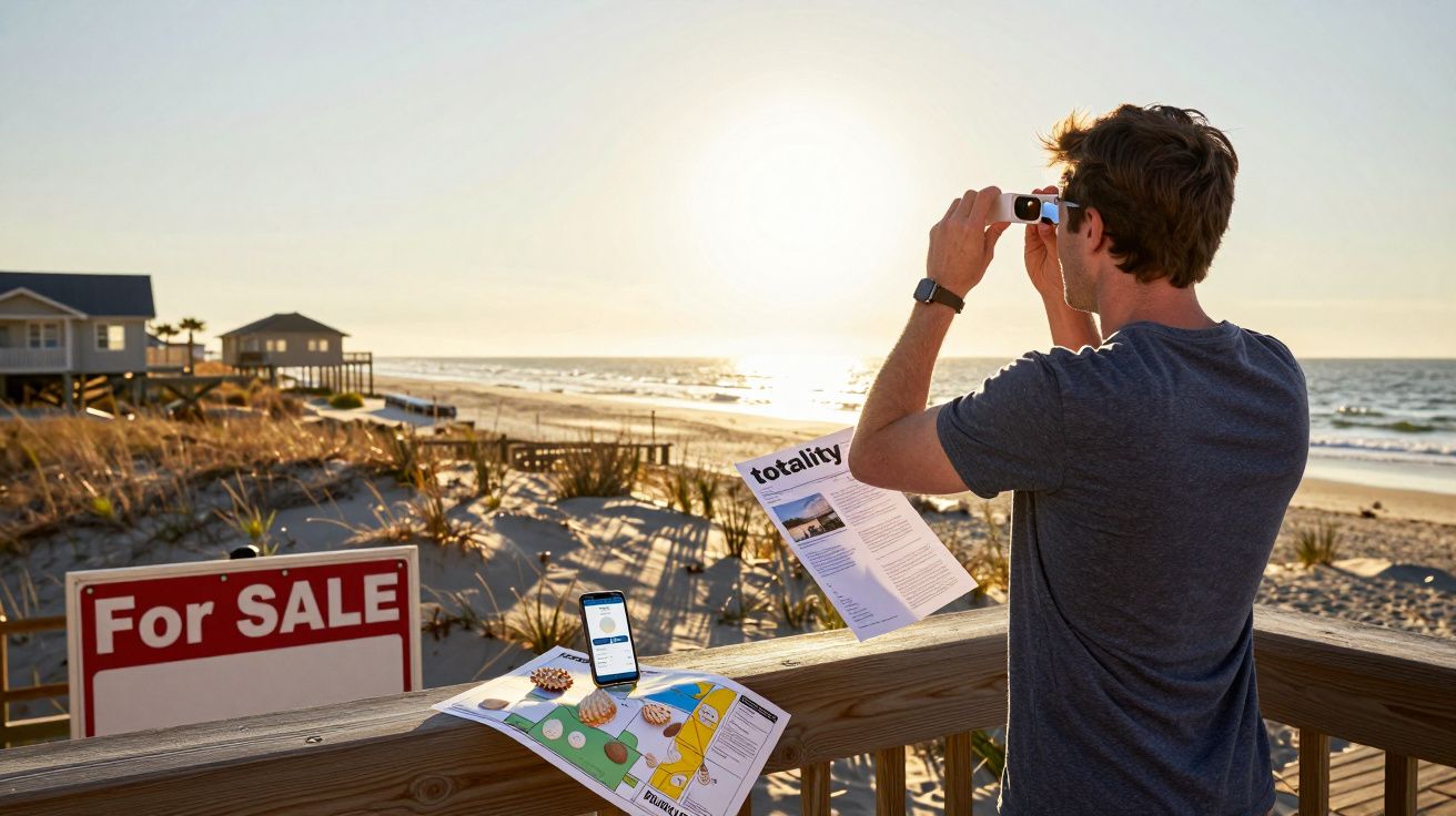 Homem fotografa o pôr do sol numa praia com casas, mapa e sinal de "For Sale" à frente.