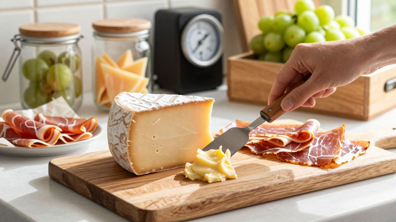 Tabua de madeira com queijo, presunto e uvas; mão segurando espátula de queijo.