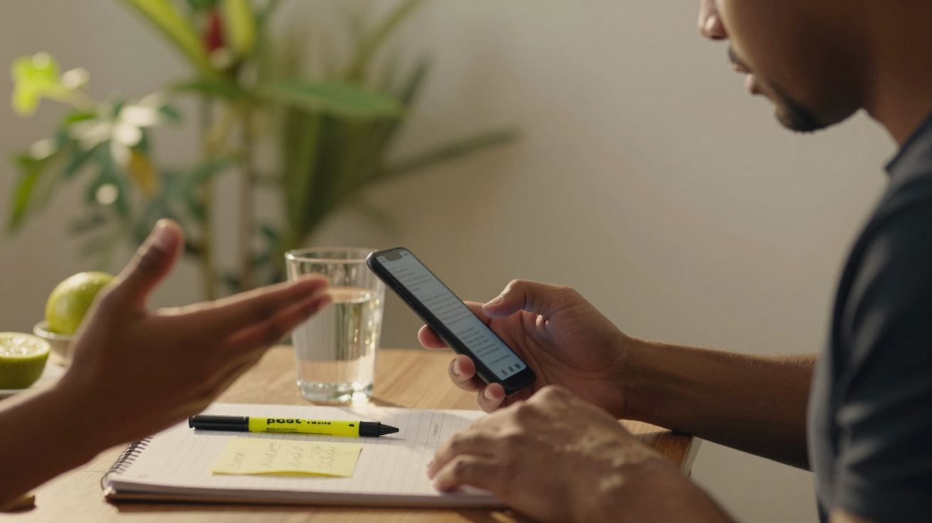 Homem sentado à mesa, usa smartphone. Outro gesto de mão, bloco de notas e copo d'água sobre a mesa.