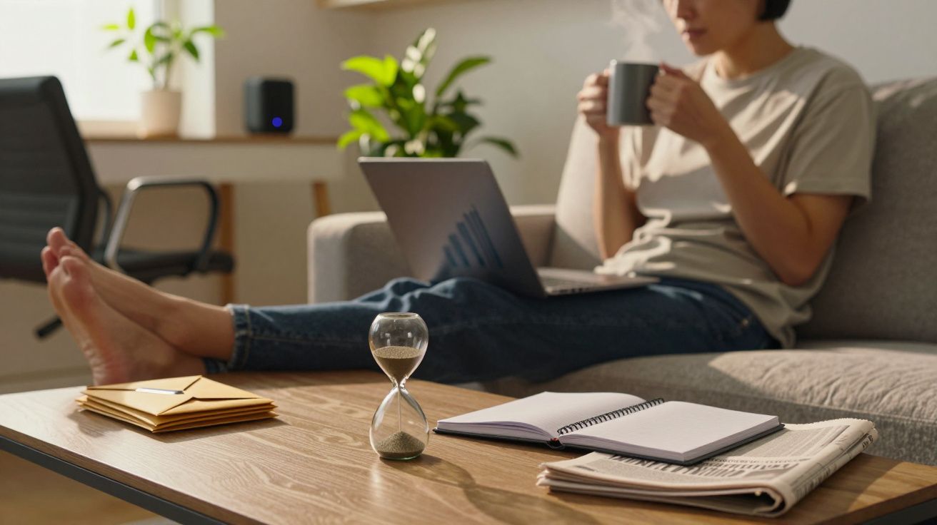 Pessoa a beber chá num sofá, com portátil no colo. Mesa com ampulheta, cadernos e envelopes. Ambiente relaxante.