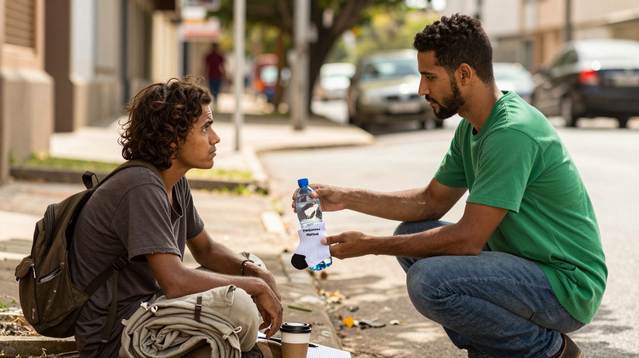 Homem de camiseta verde oferece água a outro homem sentado na calçada, ambos em rua urbana.