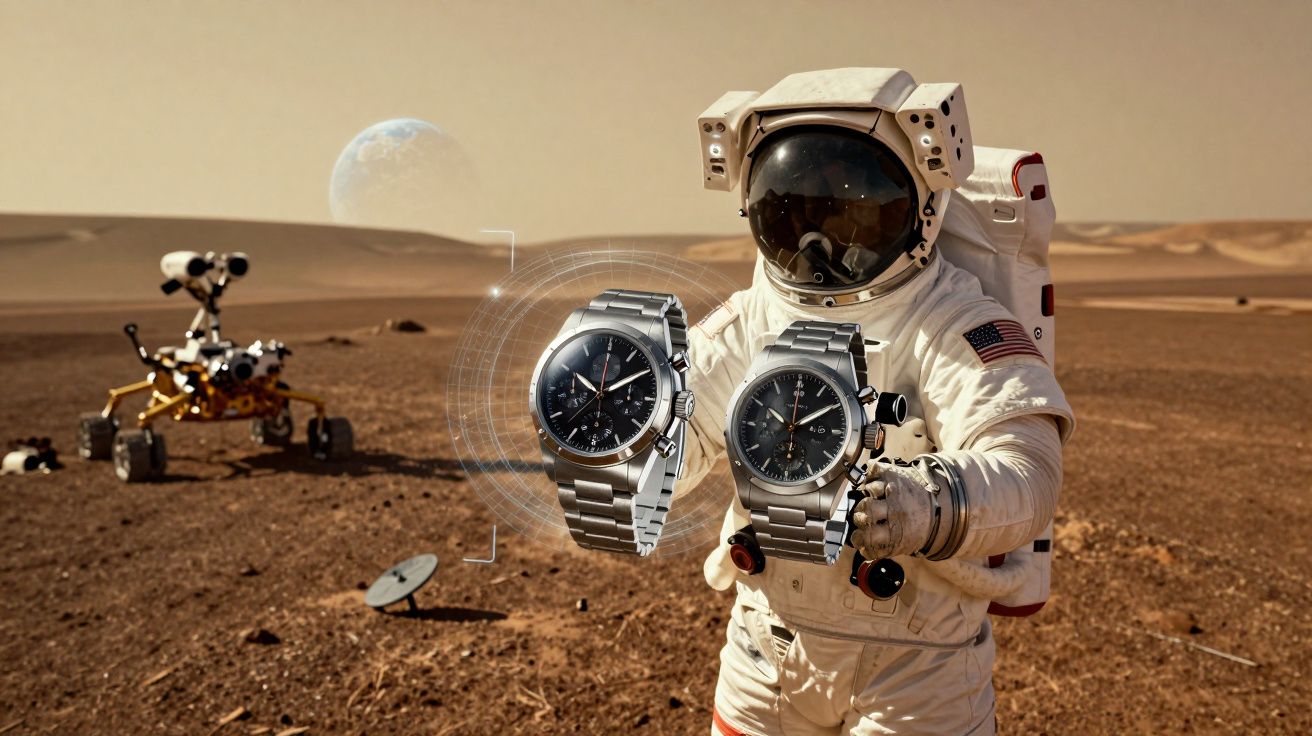Astronauta em Marte segurando dois relógios prateados, com rover ao fundo e Terra visível no horizonte.
