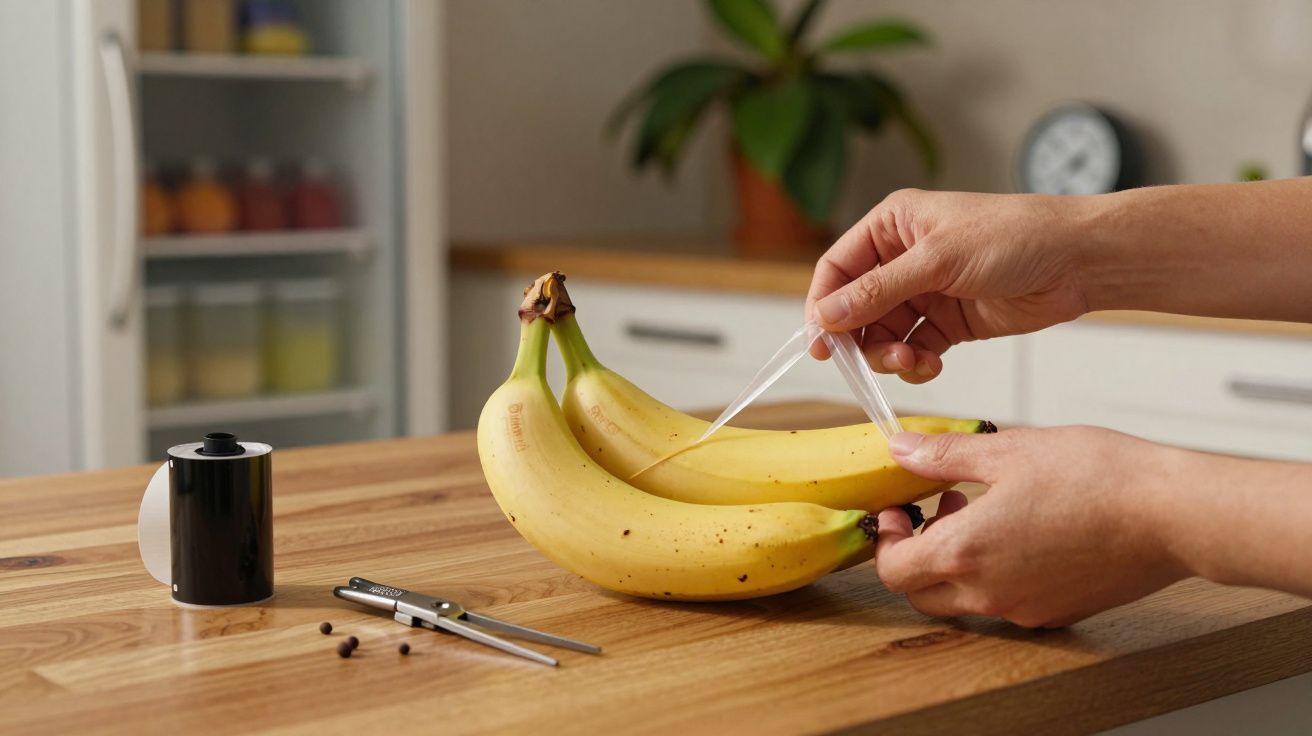 Mãos a puxar película aderente para envolver um cacho de bananas numa cozinha.
