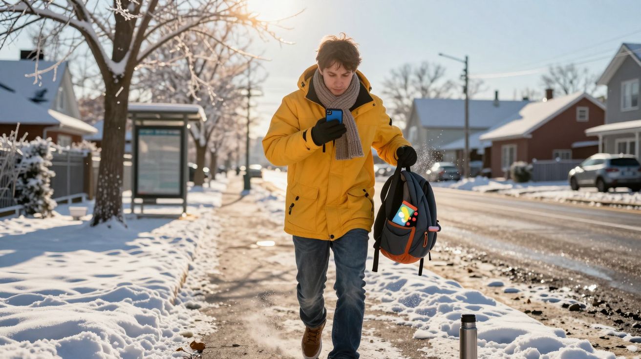 Jovem com casaco amarelo e cachecol cinza caminha na neve, segurando mochila e telemóvel numa rua residencial.