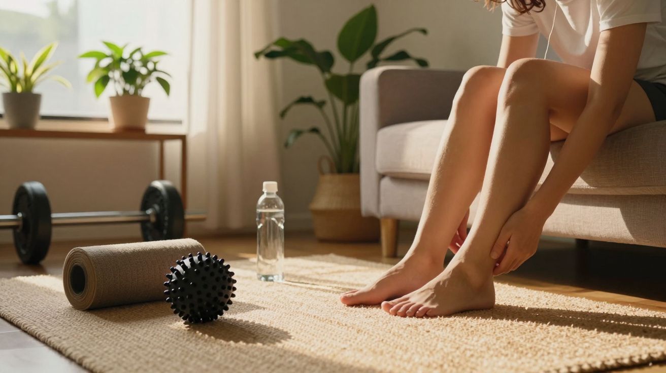 Pessoa sentada no sofá, pés descalços, tapete, halteres e plantas ao fundo.