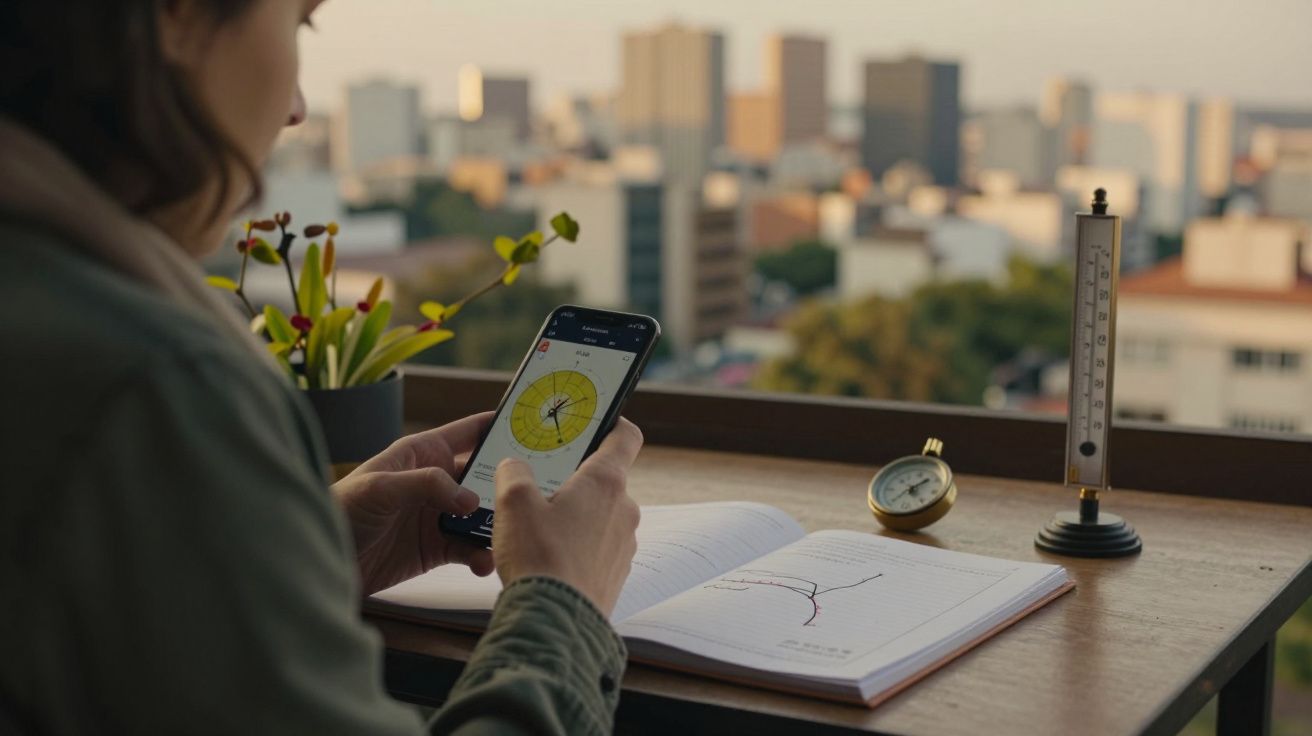 Mulher consulta bússola digital no telemóvel, com livro aberto, bússola manual e termómetro em mesa à beira de janela.