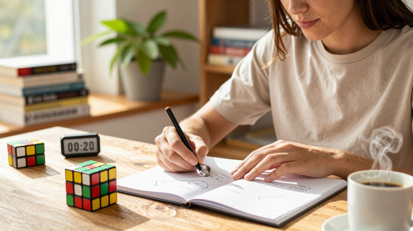Mulher escreve num caderno em mesa com café, cubos mágicos e relógio; planta e livros ao fundo.